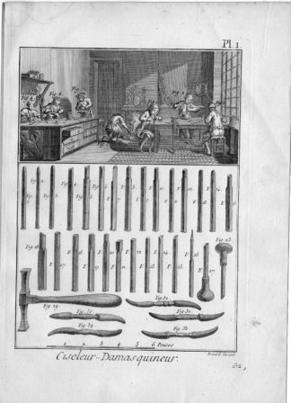 2 Antique Prints-CISELEUR-DAMASQUINEUR-METAL-ENGRAVING-Diderot-Benard-c. 1750