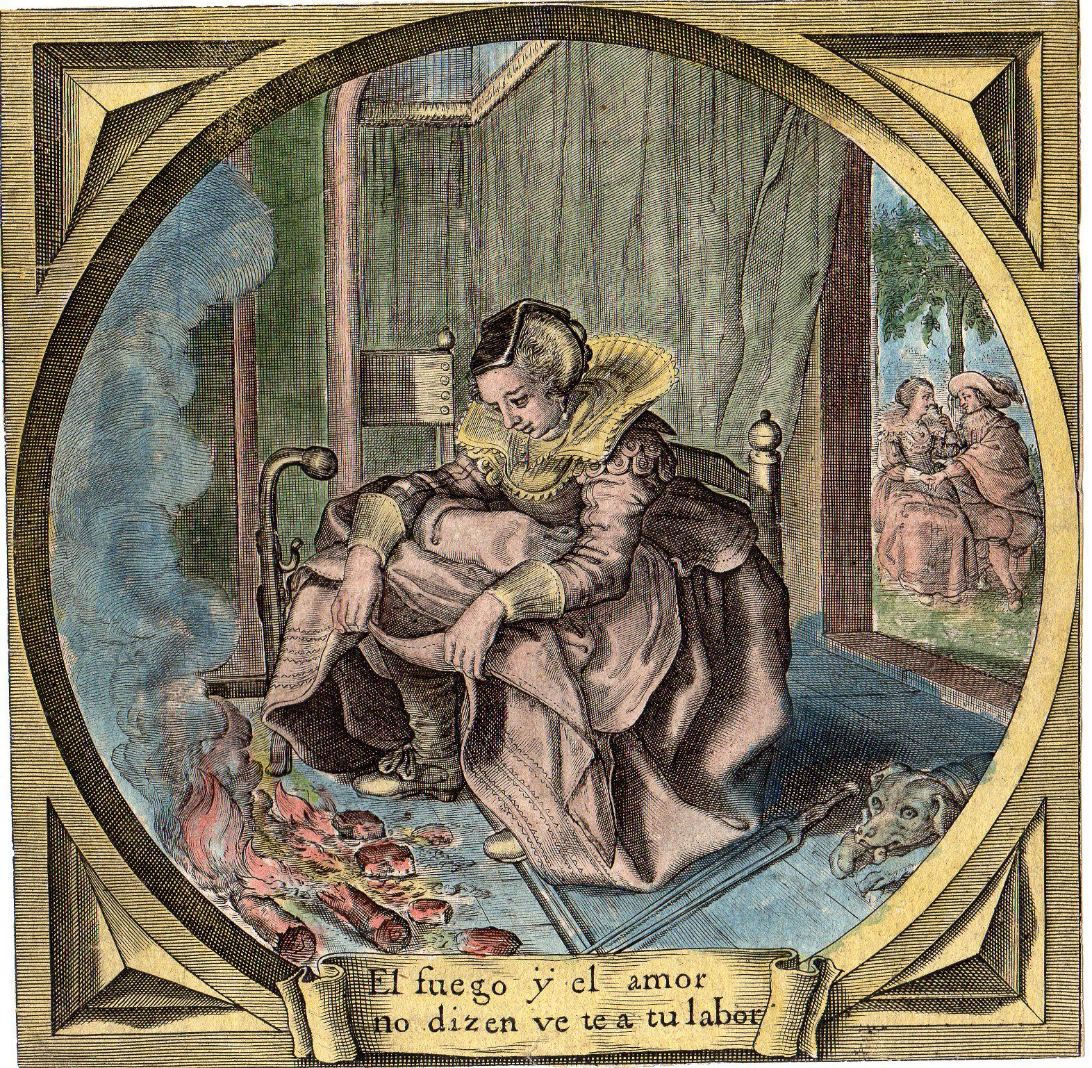 , Antique Print-ROMANCE-FIRE-DOG-WOMAN-Anonymous-?????, Pictura Antique Prints