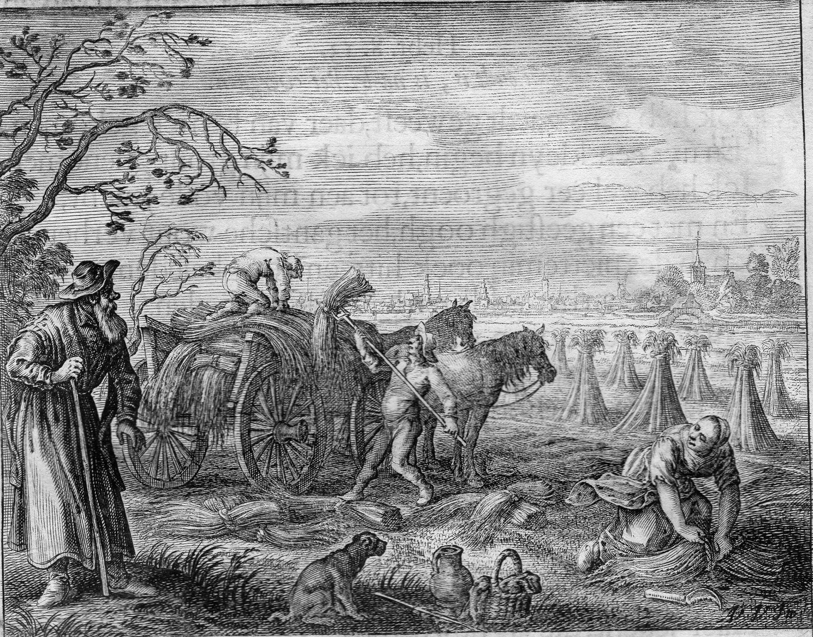 , Antique Print-FARMER-CORN-WAGON-HORSE-BINDING-Cats-van de Venne-1656, Pictura Antique Prints