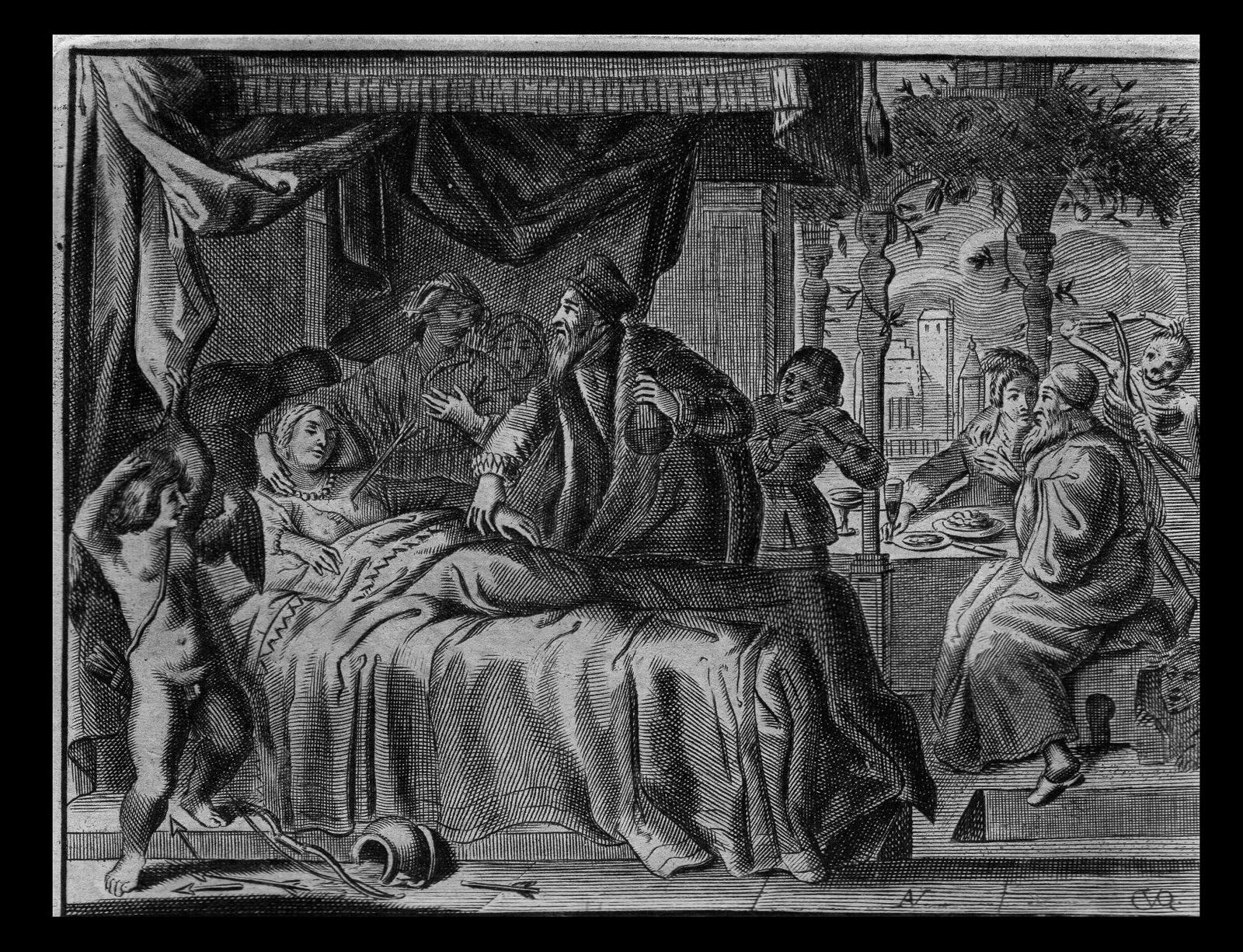 , Antique Print-CUPID-ARROW-DEATH-SKELETON-SKULL-GRAVE-Cats-van de Venne-1657, Pictura Antique Prints