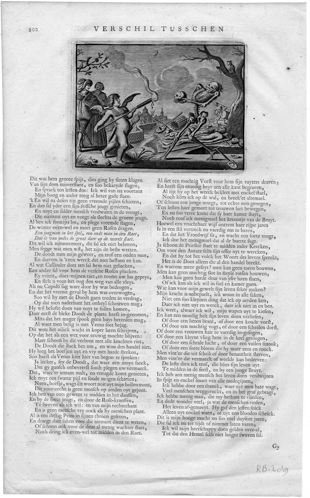 , Antique Print-CUPID-ARROW-DEATH-SKELETON-SKULL-GRAVE-Cats-van de Venne-1657, Pictura Antique Prints