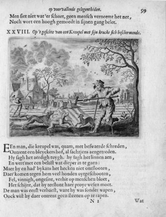 Antique Print-DISABLED MAN-DOGS ATTACKING-FARMERS-Cats-van de Venne-1660