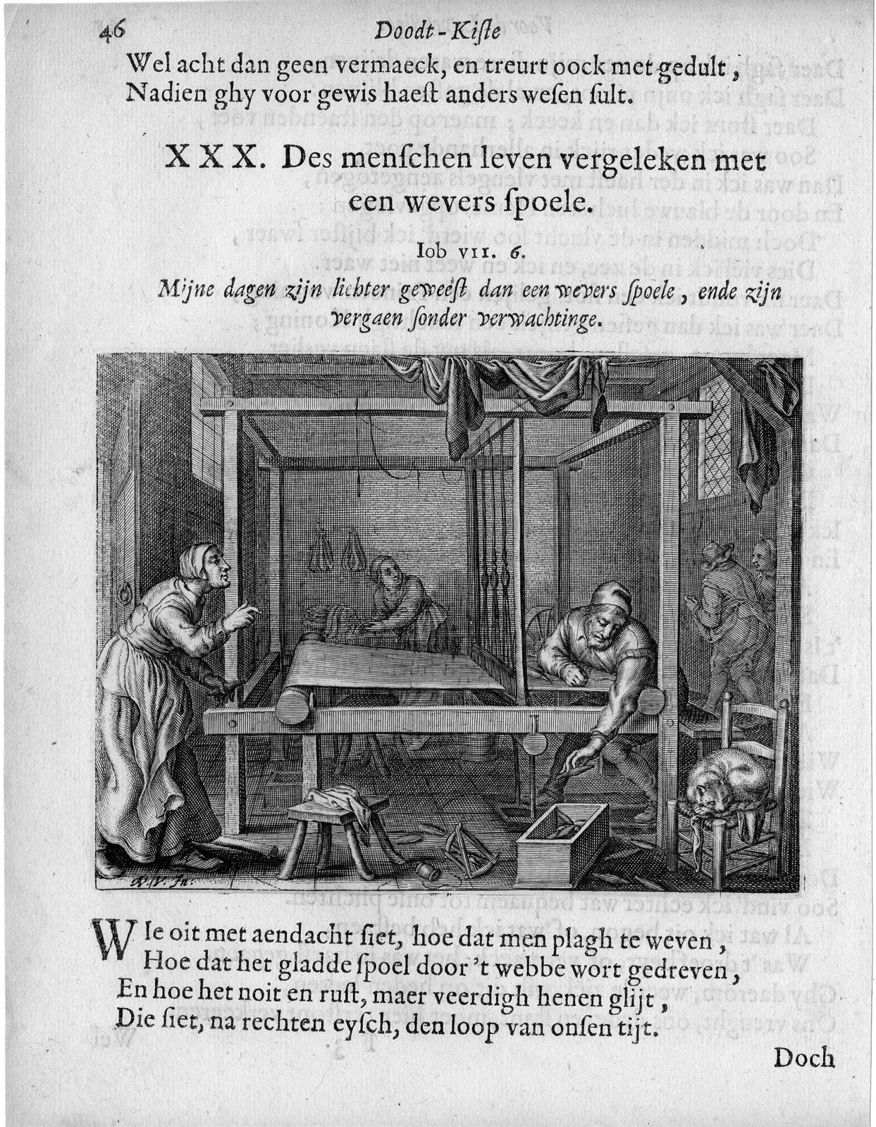 , Antique Print-WEAVING-LOOM-LIFE-CAT-Cats-van de Venne-1660, Pictura Antique Prints
