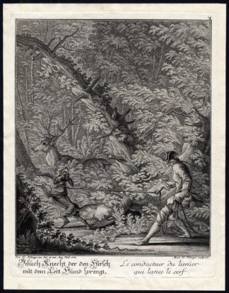 Antique Master Print-DEER HUNTING-LEAD DOG-Martin Elias Ridinger-1764