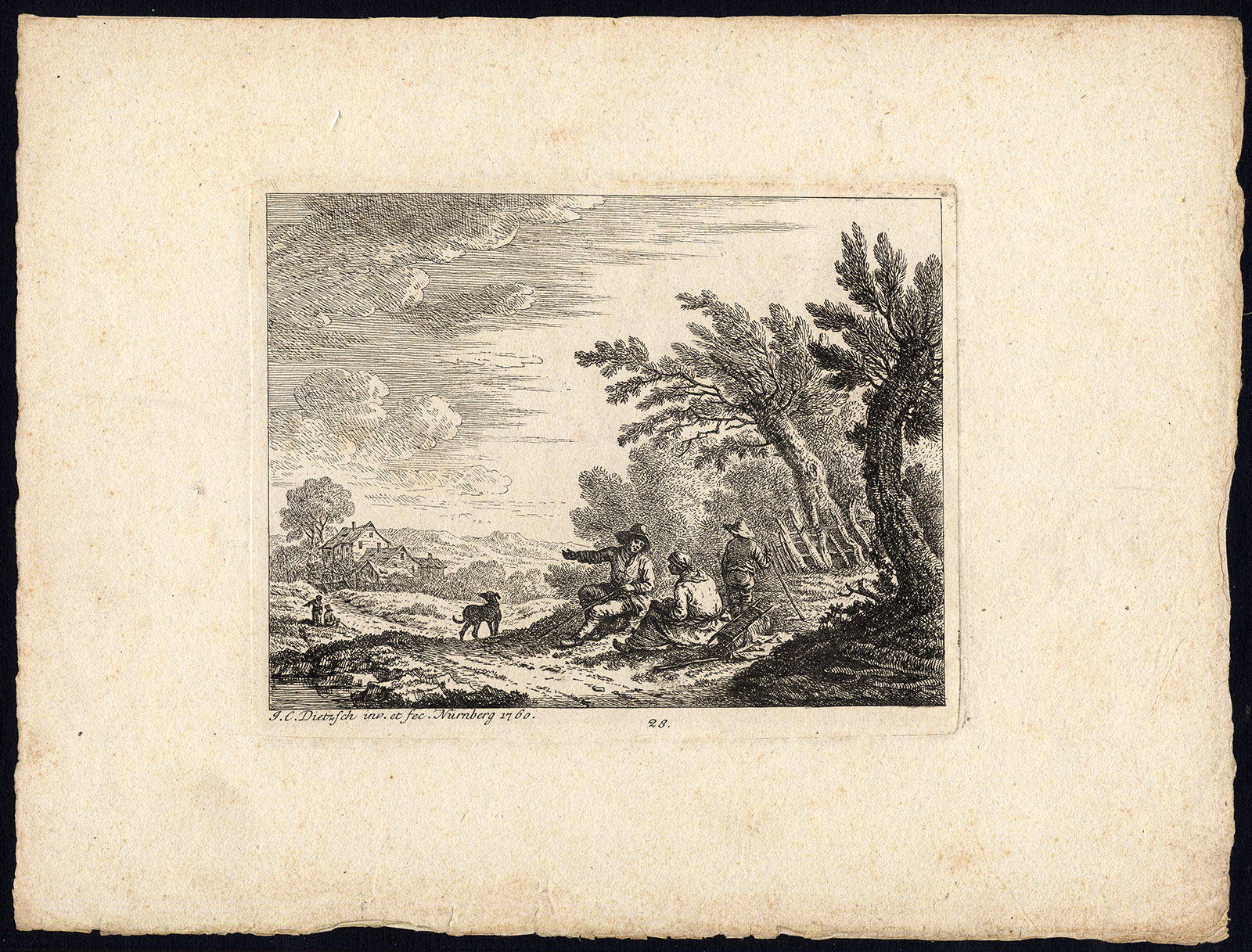, Antique Master Print-RURAL SCENE-LANDSCAPE-DOG-Johann Christoph Dietzsch-1760, Pictura Antique Prints