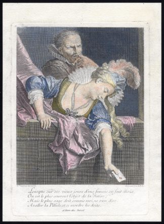 Antique Master Print-ROMANCE-UNFAITHFUL WIFE-Jean-Baptiste Poilly-Courtin-1725
