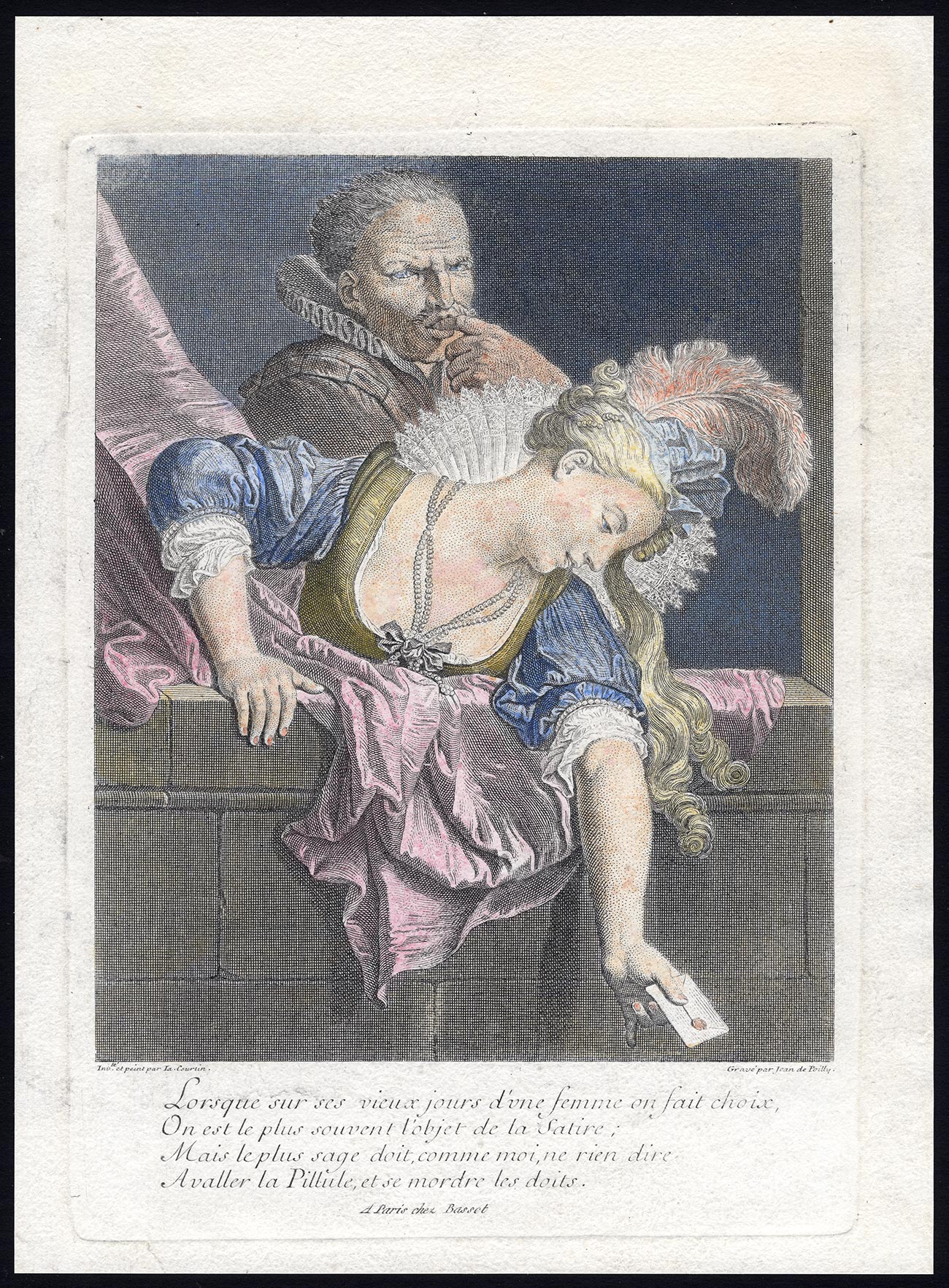 , Antique Master Print-ROMANCE-UNFAITHFUL WIFE-Jean-Baptiste Poilly-Courtin-1725, Pictura Antique Prints