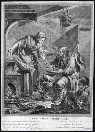 Antique Master Print-CUISINIERE CHARITABLE-COOKIN-BEGGAR-Chevilet-Eisen-1770