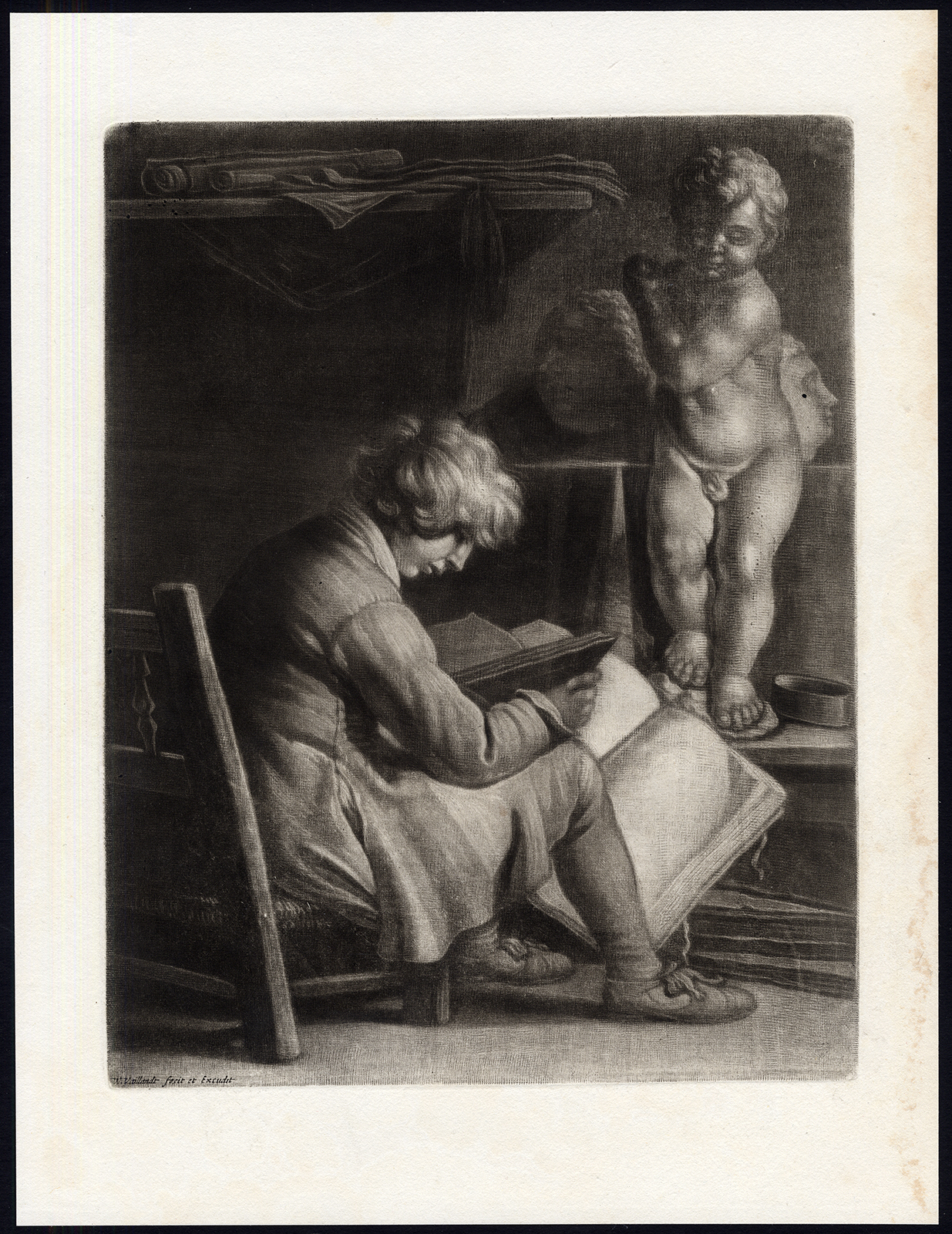 , Antique Master Print-ART STUDENT-STATUE-READING-PORTFOLIO-Vaillant-ca. 1750, Pictura Antique Prints
