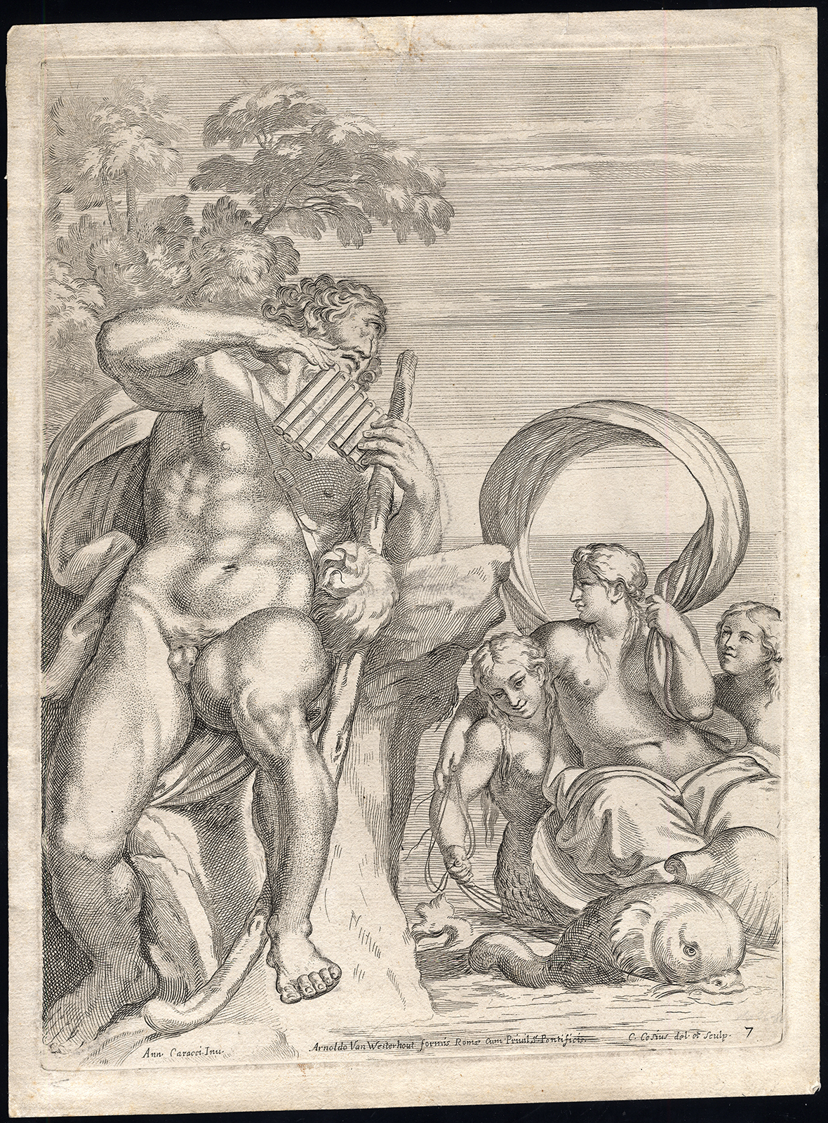 , Antique Master Print-POLYPHEMUS-GALATEA-DOLPHIN-NYMPH-Cesio-Carracci-ca. 1650, Pictura Antique Prints