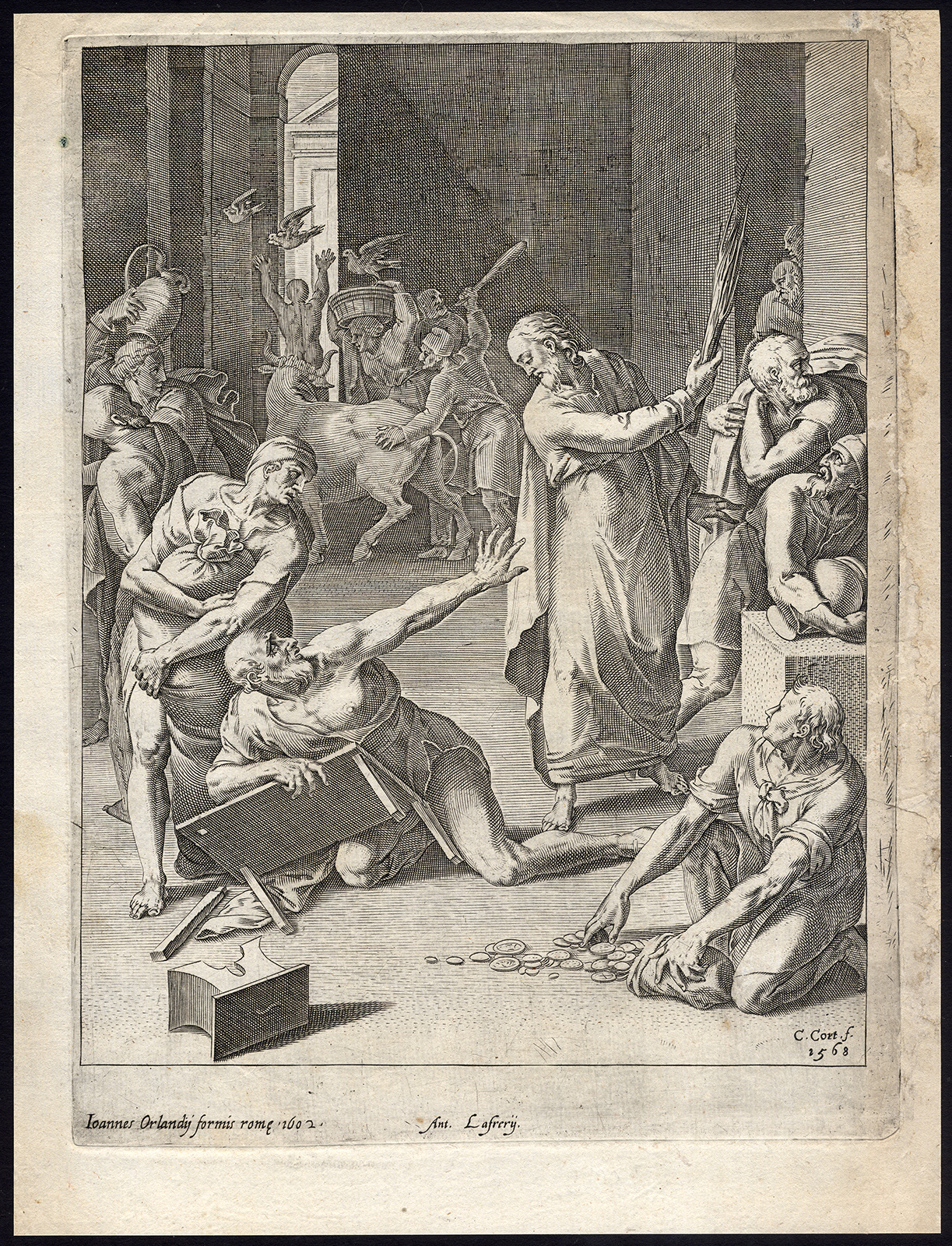 , Antique Master Print-CHRIST-MONEYCHANGERS-DRIVEN FROM TEMPLE-Cort-1602, Pictura Antique Prints