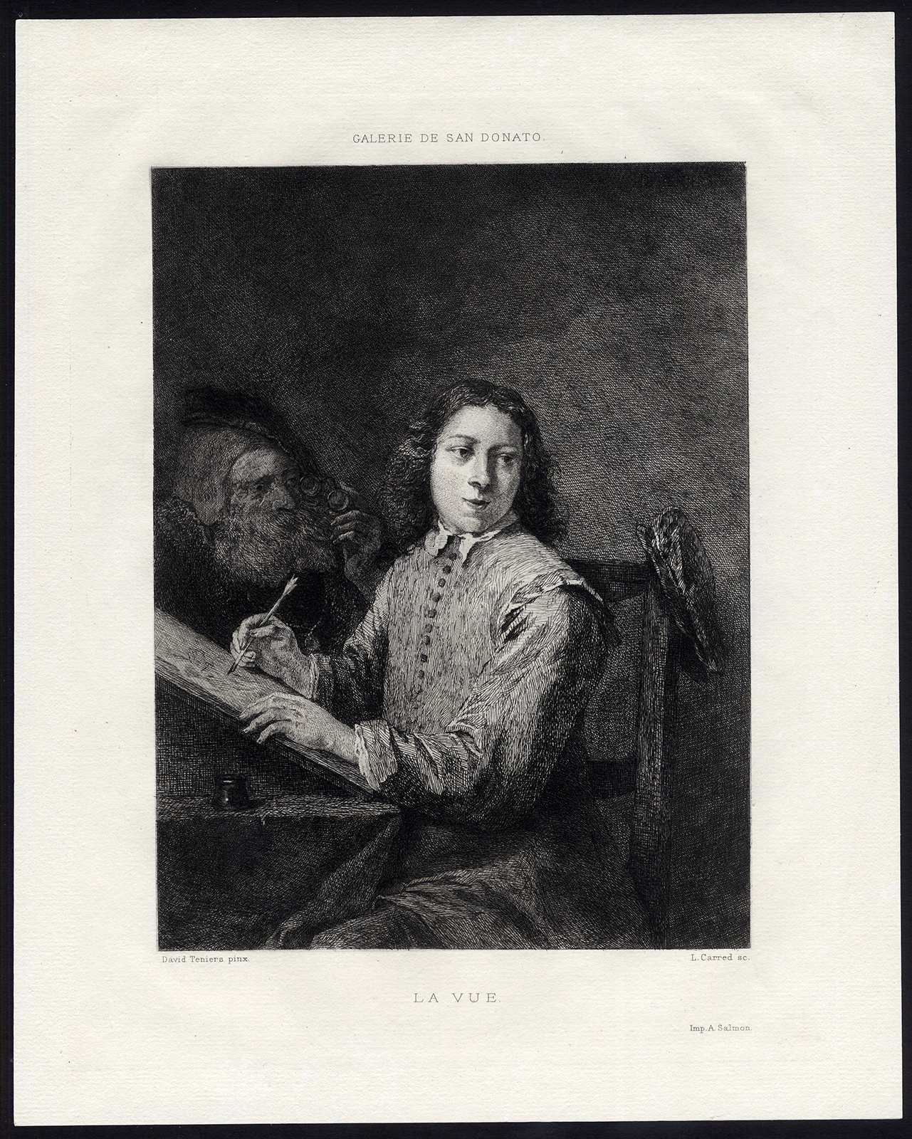 , 4 Antique Master Prints-SENSES-TOUCH-SIGHT-HEARING-TASTE-BAGPIPE-Teniers-c. 1850, Pictura Antique Prints