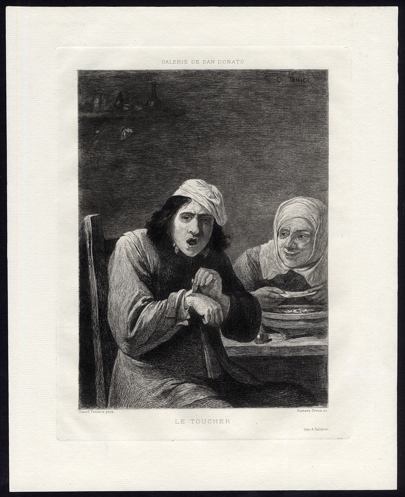 , 4 Antique Master Prints-SENSES-TOUCH-SIGHT-HEARING-TASTE-BAGPIPE-Teniers-c. 1850, Pictura Antique Prints