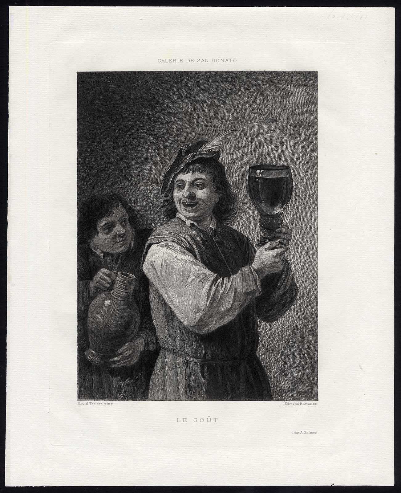 , 4 Antique Master Prints-SENSES-TOUCH-SIGHT-HEARING-TASTE-BAGPIPE-Teniers-c. 1850, Pictura Antique Prints
