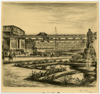 Original Print-FACTORY-INDUSTRIAL LANDSCAPE-STATUE-Willy Nus-ca. 1910