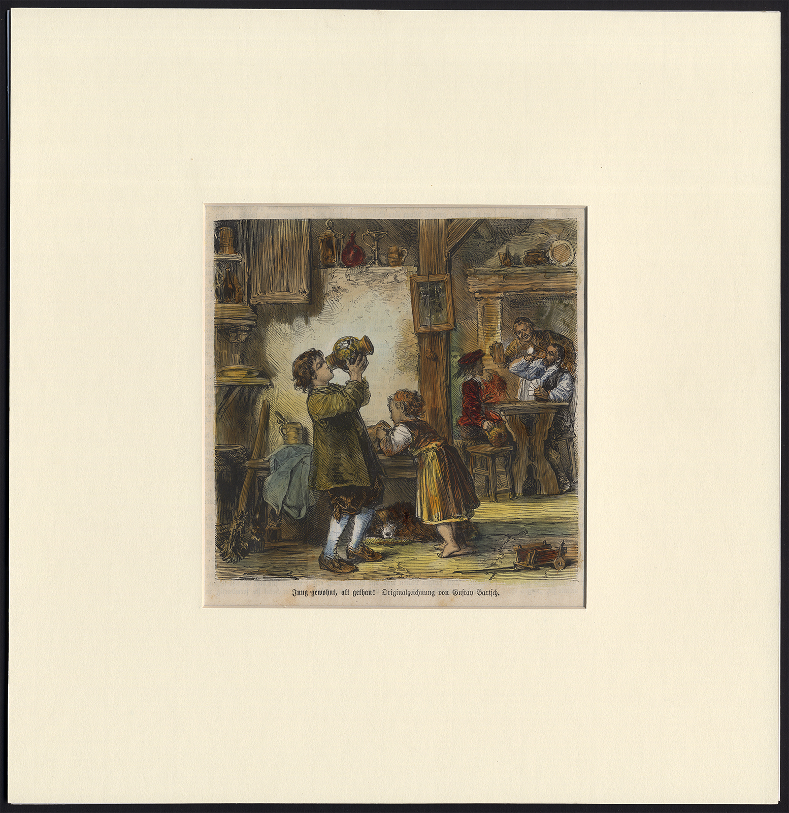 , Antique Print-TAVERN-MEN-DRINKING-CHILDREN-IMITATION-Gustav Bartsch-1874, Pictura Antique Prints