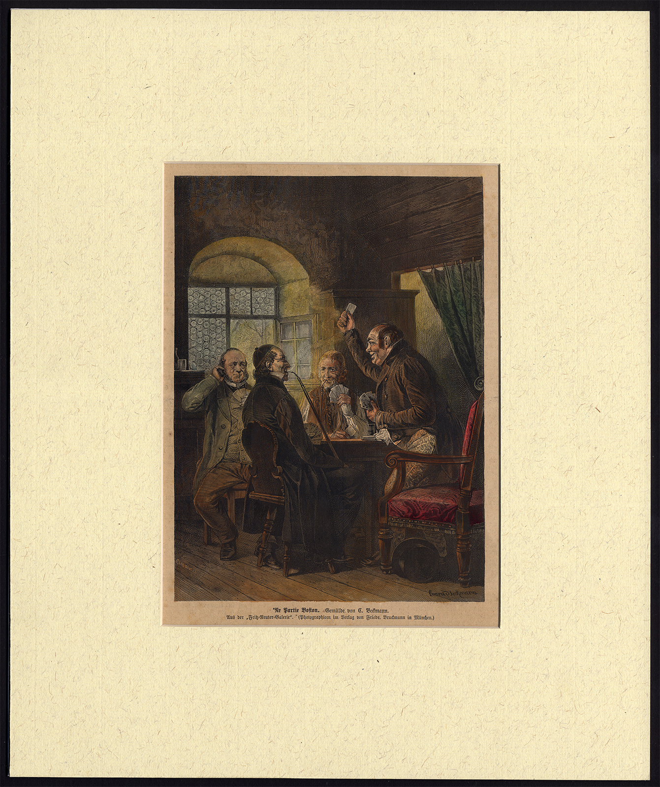 , Antique Print-CARD GAME-CARD TABLE-SMOKE-PIPE-Beckmann-1880, Pictura Antique Prints