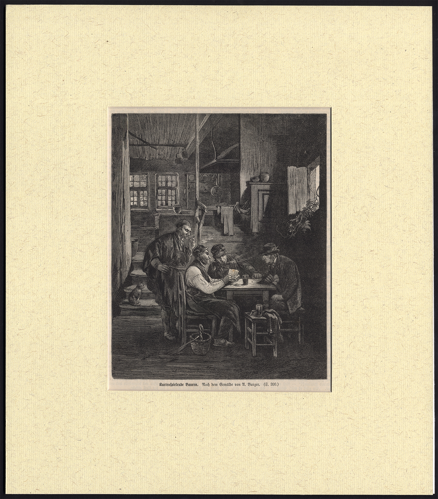 , Antique Print-BARN-FARMER-CARD GAME-PIPE-SMOKE-Burger-1874, Pictura Antique Prints