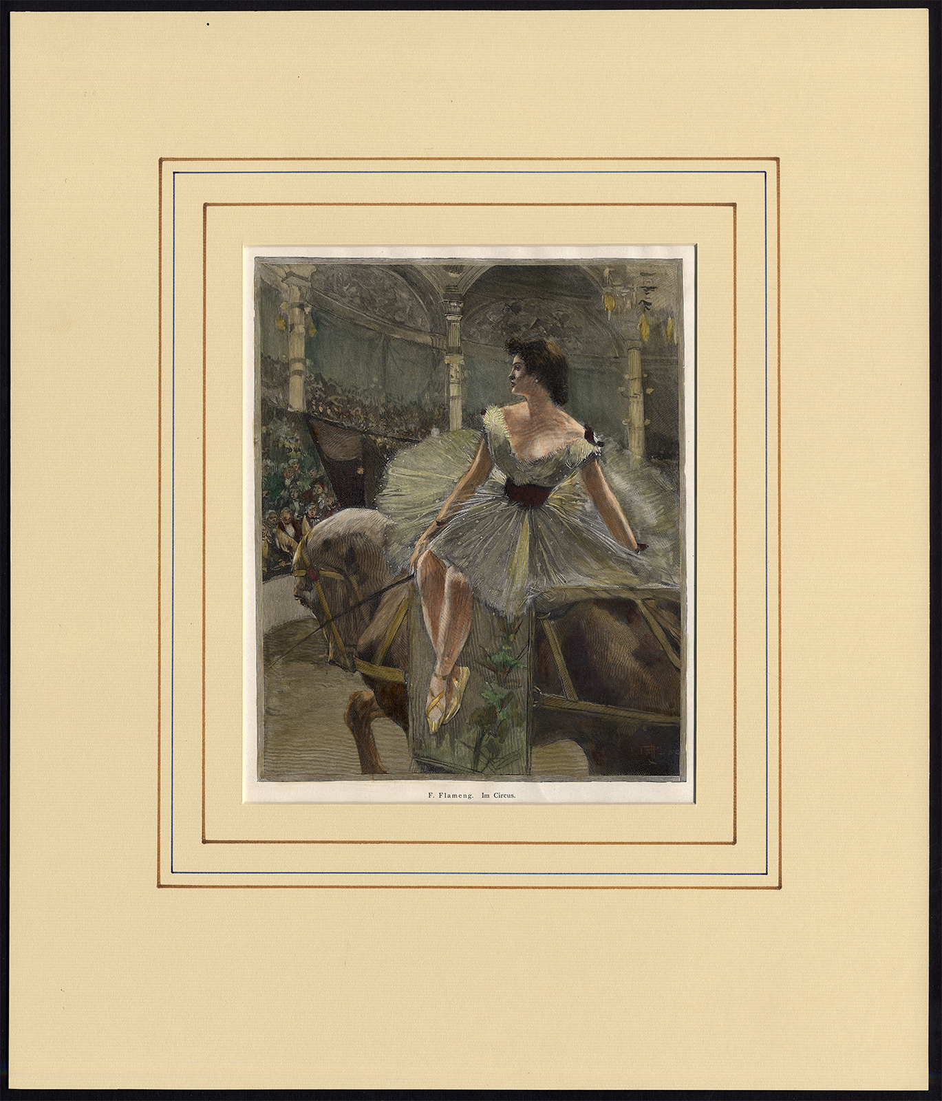 , Antique Print-CIRCUS-EQUESTRIAN-FEMALE-ARCOBAT-HORSE-F. Flameng-1890, Pictura Antique Prints