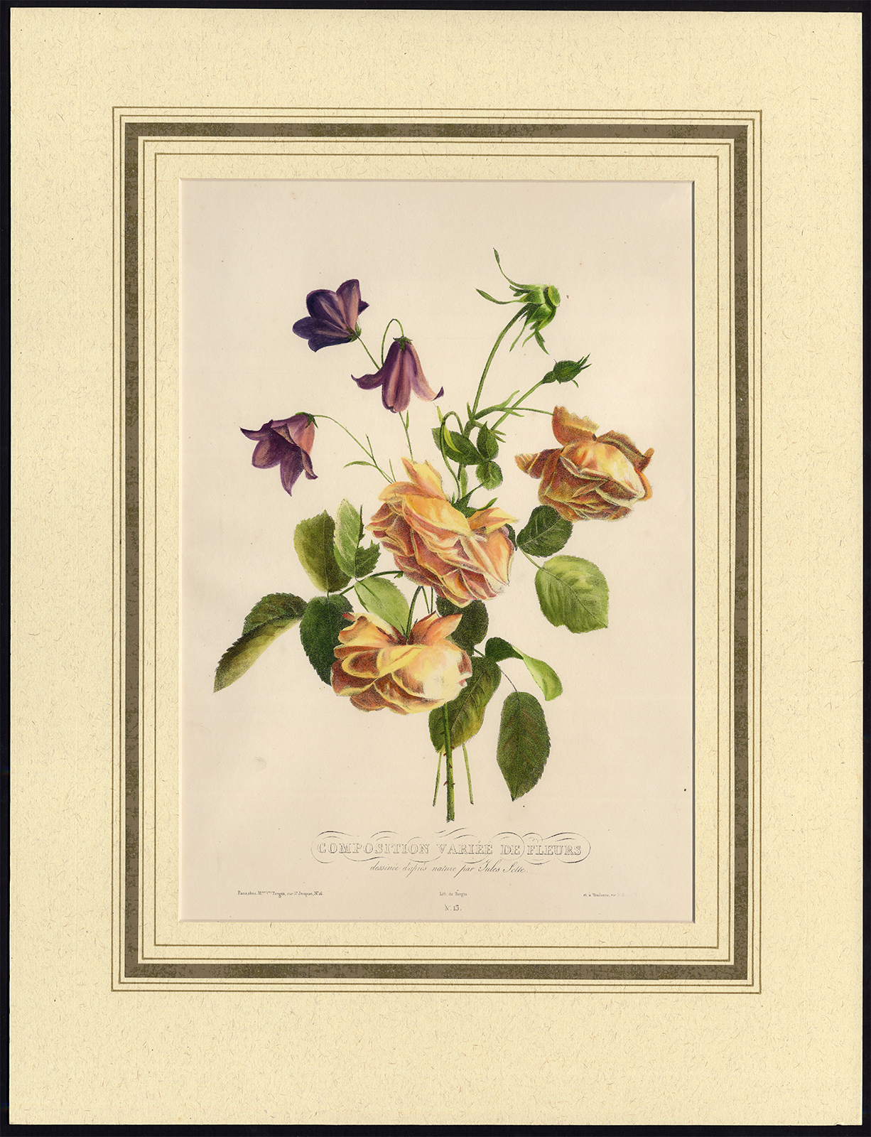 , Antique Print-FLOWER-BOUQUET-WILDFLOWER-ROSES-NO. 15-Jules Selte-Turgis-1860, Pictura Antique Prints