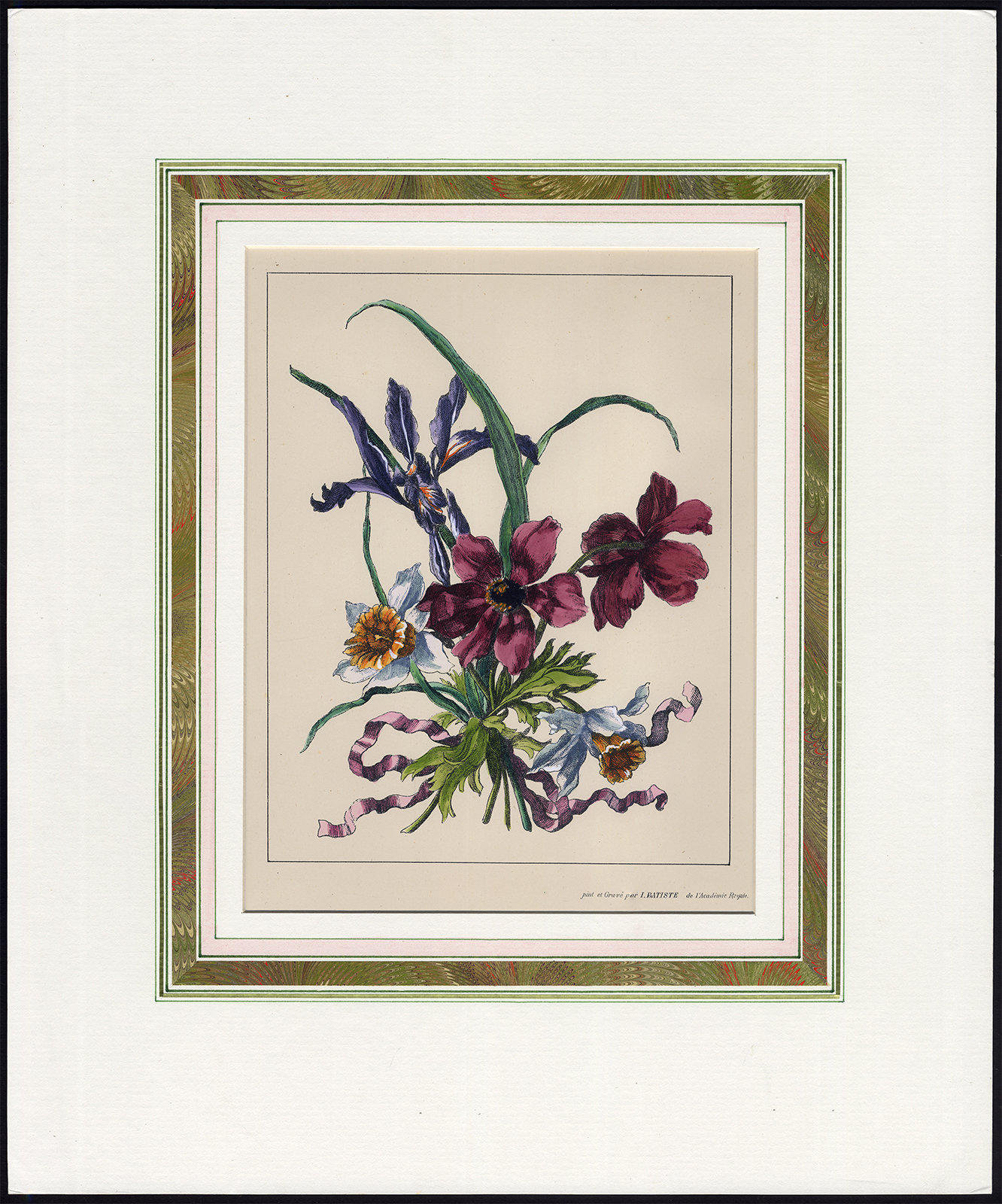 , Antique Print-GAND COLOURED-BOUQUET-NARCISSUS-IRIS-ANEMONE-RIBBON-Batiste-1890, Pictura Antique Prints