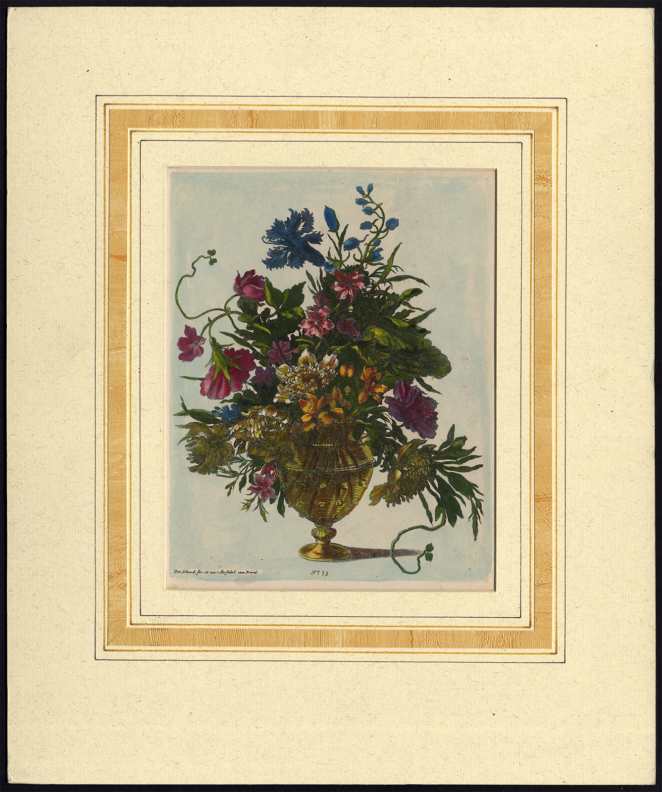 , Antique Print-VASE-BOUQUET-CORNFLOWER-DIANTHUS-ROSE-PL. 35-Schenck-1690, Pictura Antique Prints