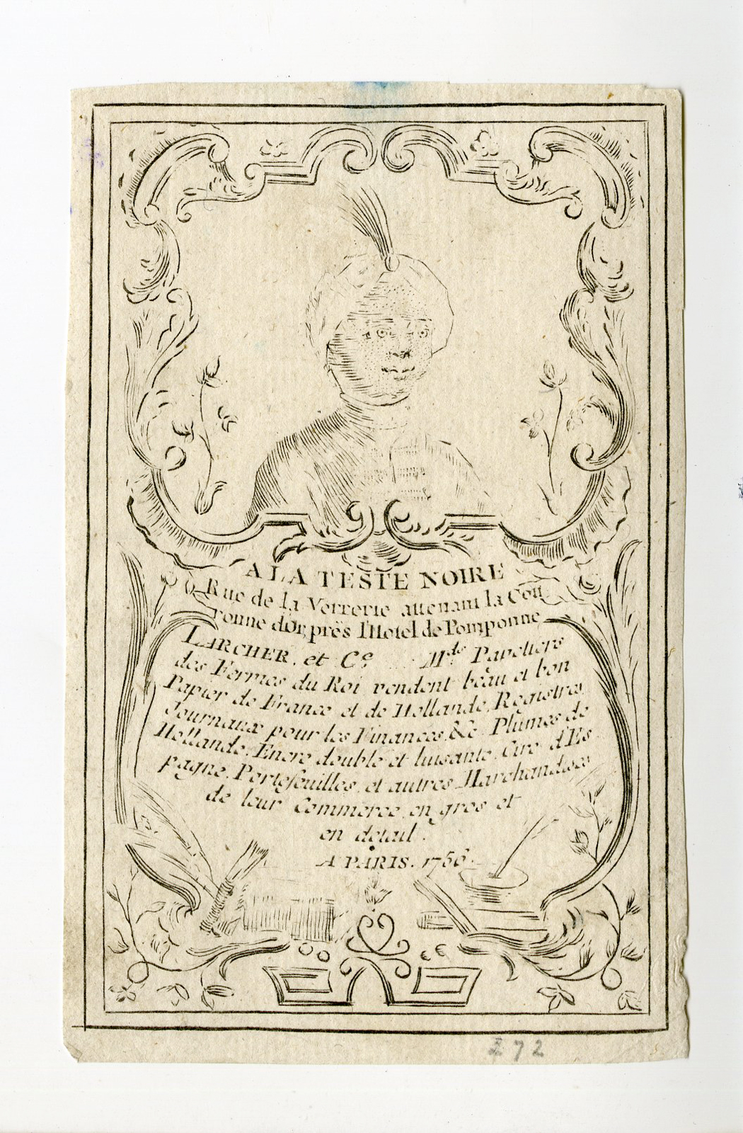 , Antique Print-TRADE LABEL-LARCHER MARCHAND PAPETIER-RARE-Anonymous-1756, Pictura Antique Prints