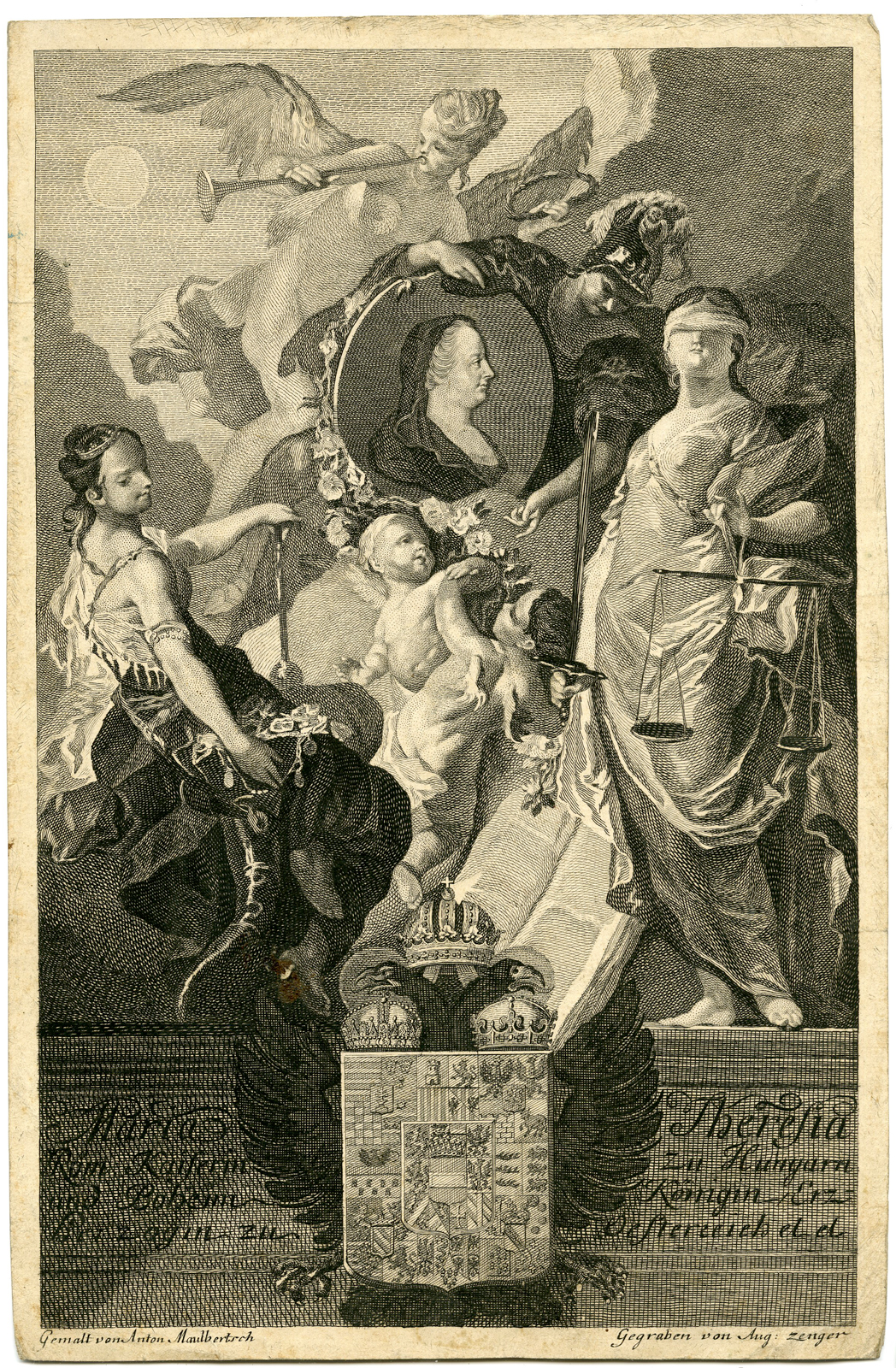 , Antique Print-MARIA THERESIA-AUSTRIA-ALLEGORY-JUSTICE-Maulbertsch-Kauperz-1769, Pictura Antique Prints