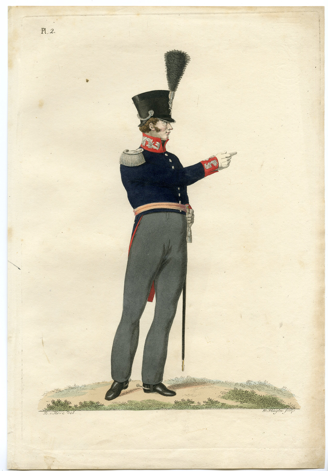 , Antique Print-MILITARY-UNIFORM-PL.2-CAPTAIN-ADJUDANT-Teupken-Sluyter-1823, Pictura Antique Prints