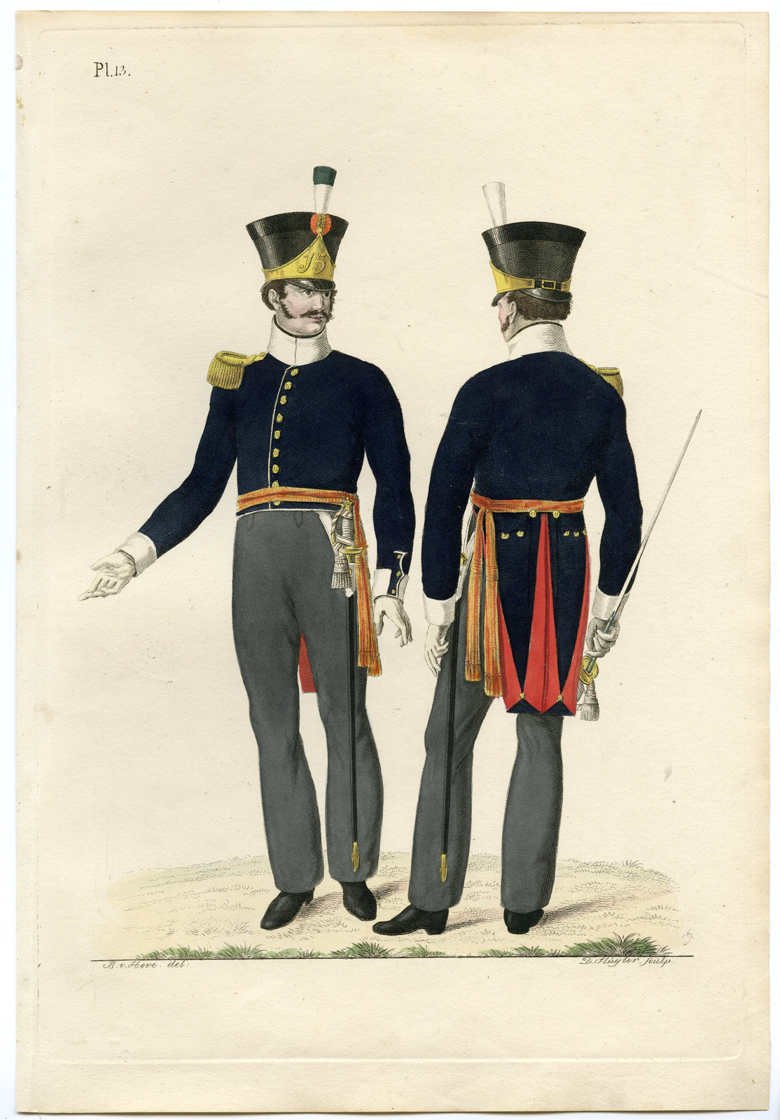 , Antique Print-MILITARY-ARMY-UNIFORM-PL.13-FLANKERS-OFFICERS-Teupken-Sluyter-1823, Pictura Antique Prints