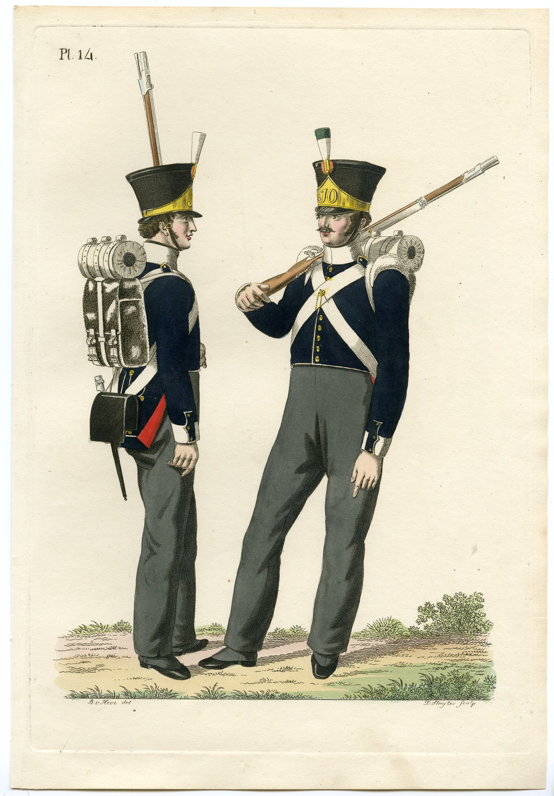 , Antique Print-MILITARY-ARMY-UNIFORM-PL.14-FUSILEER SOLDIER-Teupken-Sluyter-1823, Pictura Antique Prints