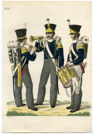 Antique Print-MILITARY-UNIFORM-PL.18-MUSICIANS-HORN-FLUTE-Teupken-Sluyter-1823