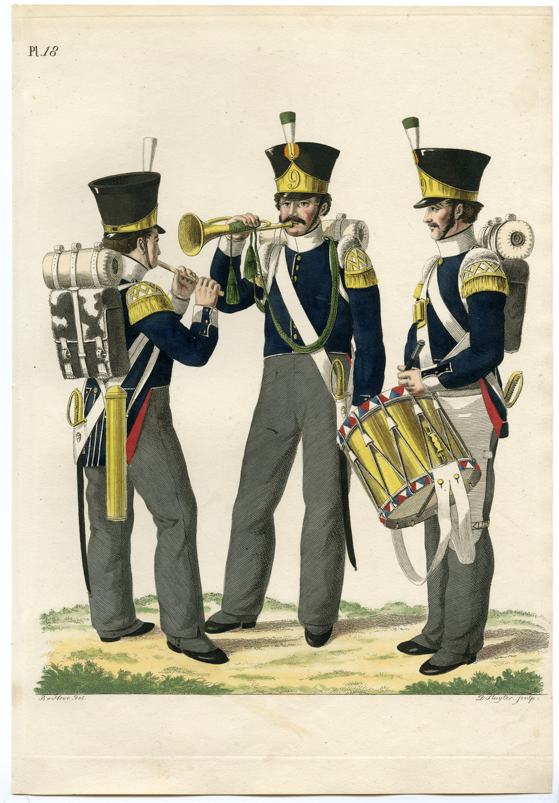 , Antique Print-MILITARY-UNIFORM-PL.18-MUSICIANS-HORN-FLUTE-Teupken-Sluyter-1823, Pictura Antique Prints