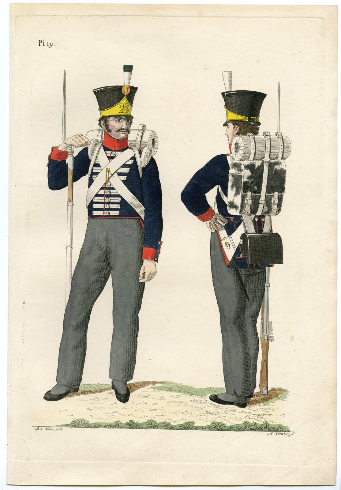 , Antique Print-MILITARY-UNIFORM-PL.19-SWISS REGIMENT NO.29-Teupken-A.Zurcher-1823, Pictura Antique Prints