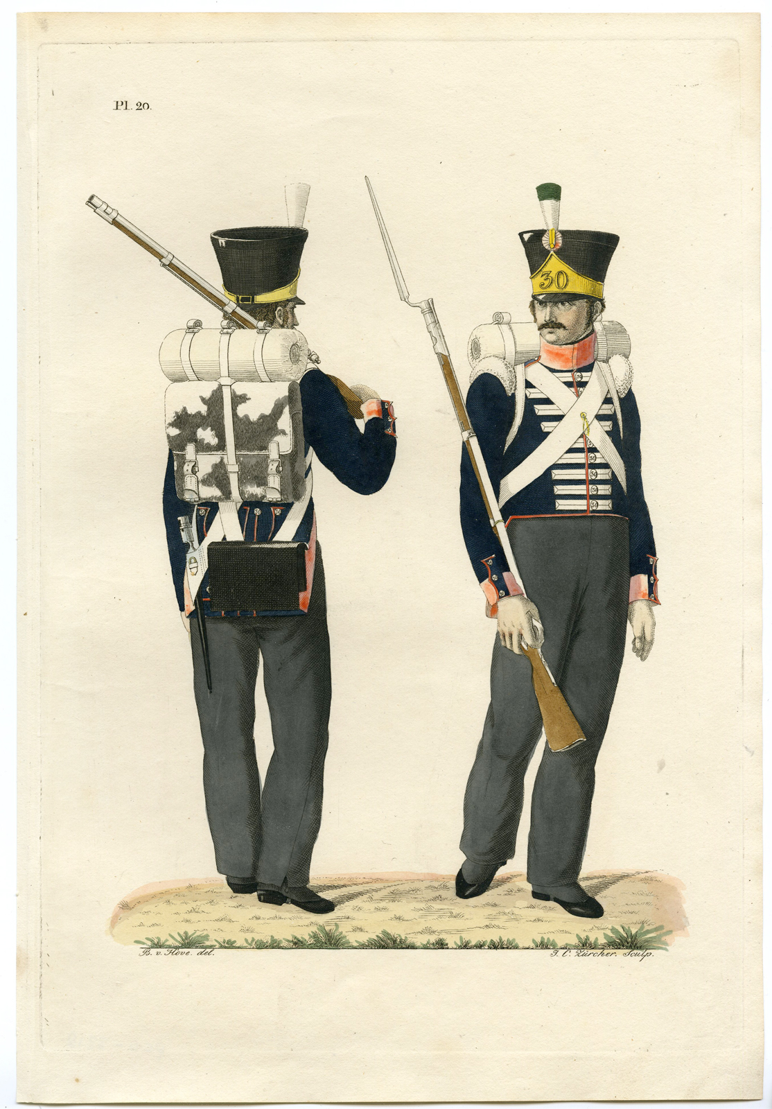 , Antique Print-MILITARY-UNIFORM-PL.20-SWISS REGIMENT NO.30-Teupken-J.Zurcher-1823, Pictura Antique Prints