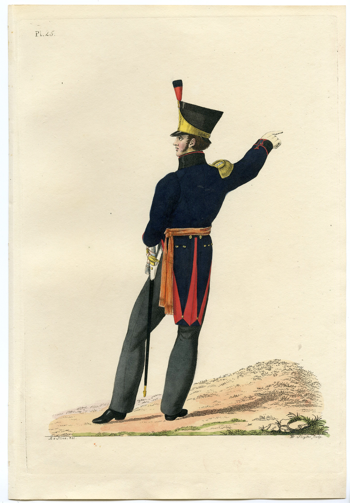 , Antique Print-MILITARY-UNIFORM-PL.25-LUITENANT-ARTILLERY-Teupken-Sluyter-1823, Pictura Antique Prints
