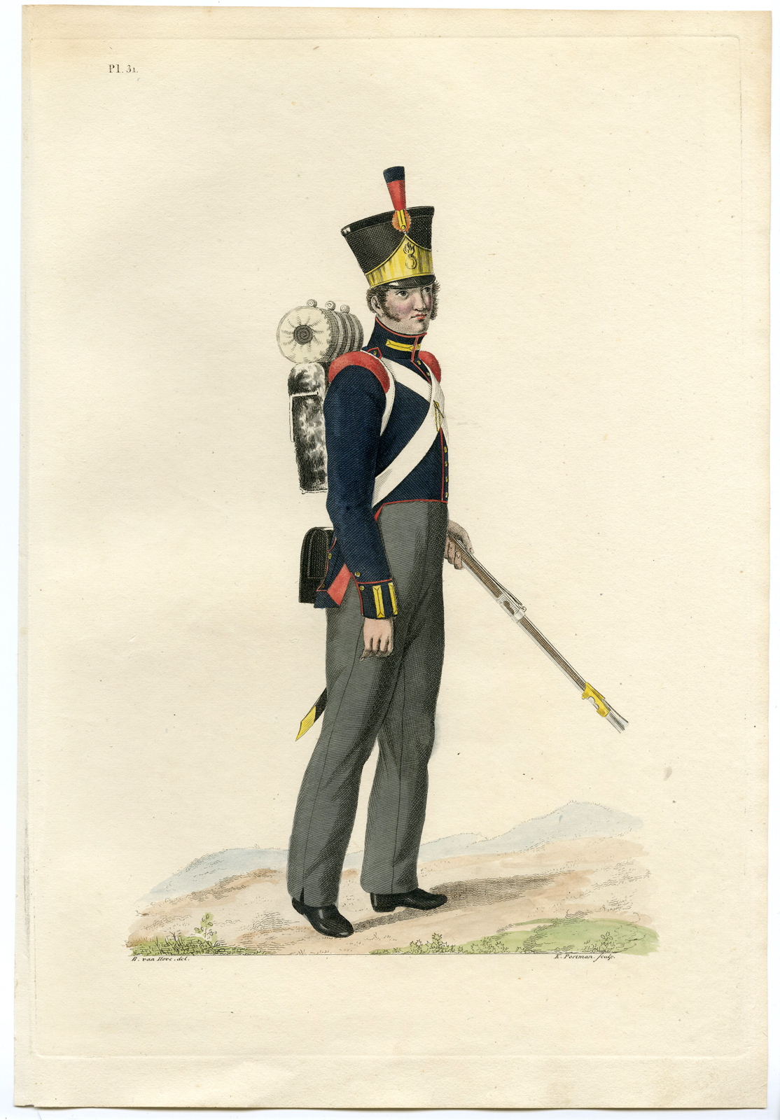 , Antique Print-MILITARY-UNIFORM-PL.31-SOLDIER-BOMB-SAPPER-Teupken-Portman-1823, Pictura Antique Prints