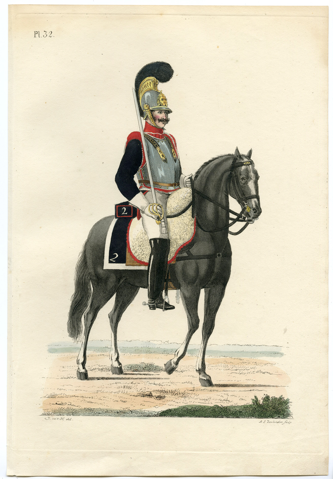 , Antique Print-MILITARY-UNIFORM-PL.32-CUIRASSIER ON HORSE-Teupken-Zeelander-1823, Pictura Antique Prints