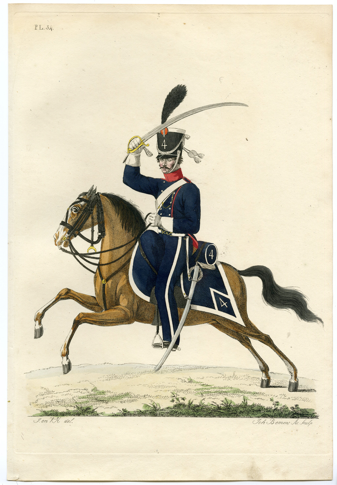, Antique Print-MILITARY-UNIFORM-PL.34-DRAGOON ON HORSE-Teupken-Bemme-1823, Pictura Antique Prints