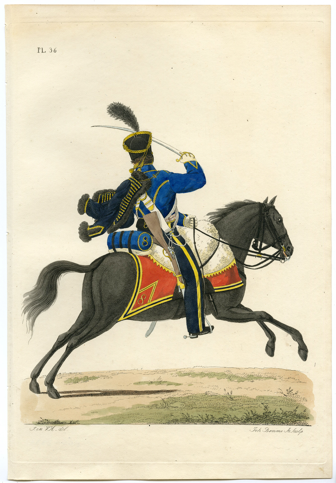 , Antique Print-MILITARY-UNIFORM-PL.36-HUSSAR ON HORSE-Teupken-Bemme-1823, Pictura Antique Prints