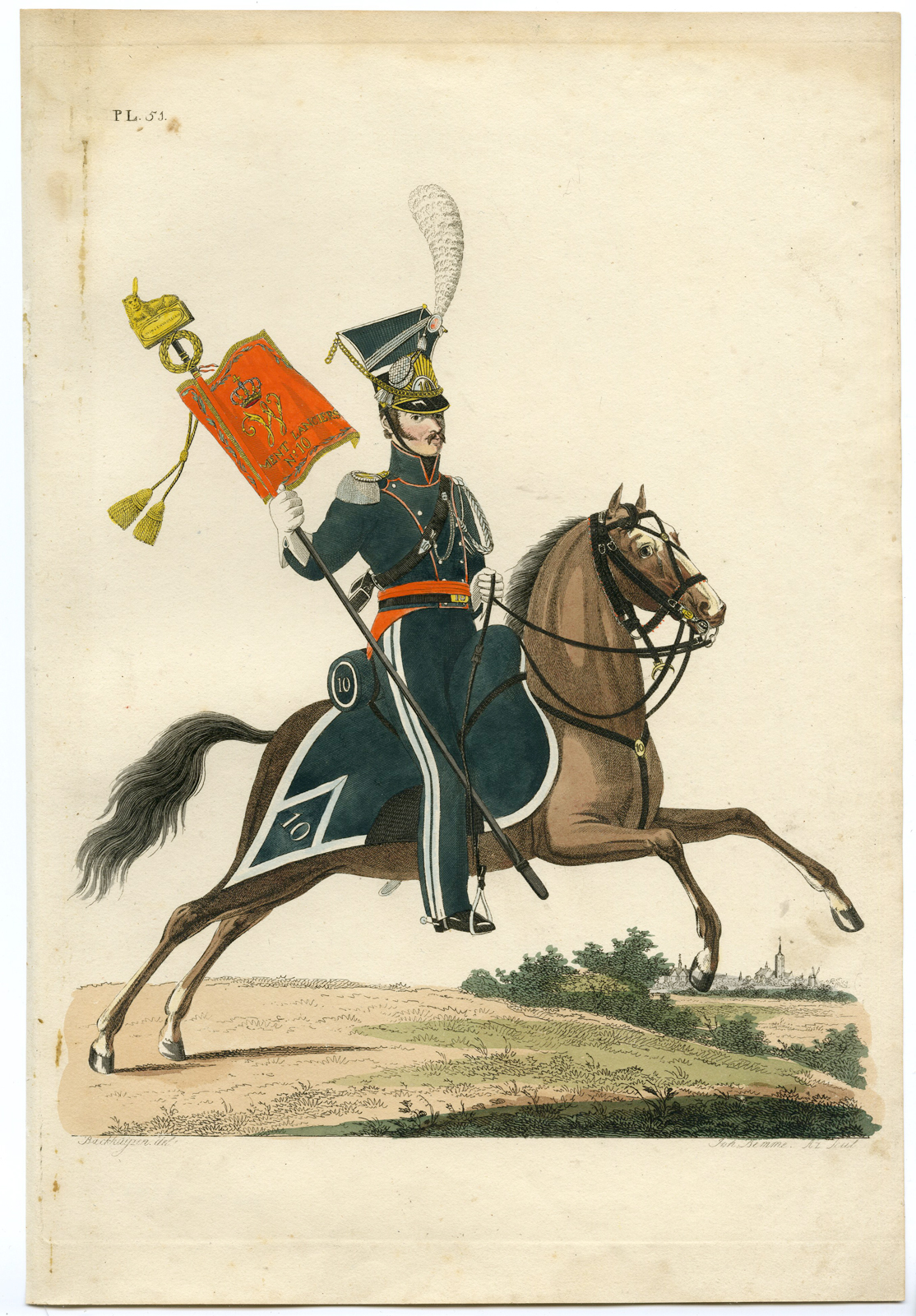 , Antique Print-MILITARY-ARMY-UNIFORM-51-FLAG BEARER-CAVALRY-Teupken-Bemme-1823, Pictura Antique Prints