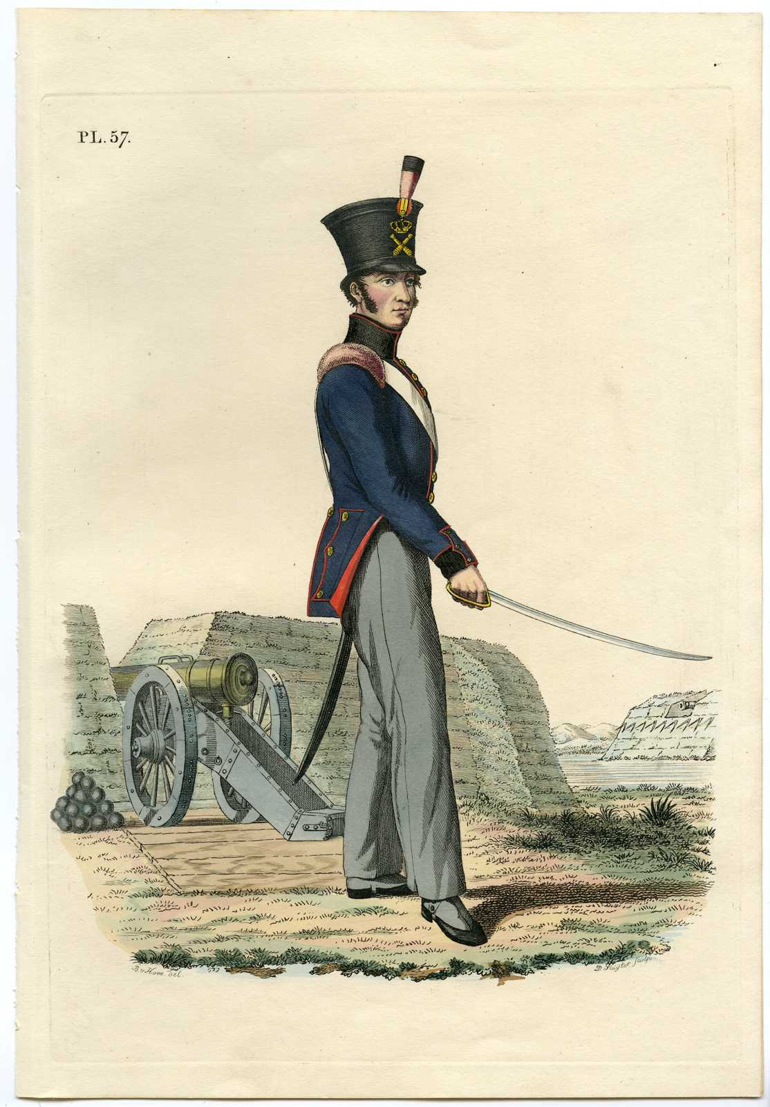 , Antique Print-MILITARY-ARMY-PL.57-ARTILLERY-GUNNER-Teupken-Sluyter-1823, Pictura Antique Prints