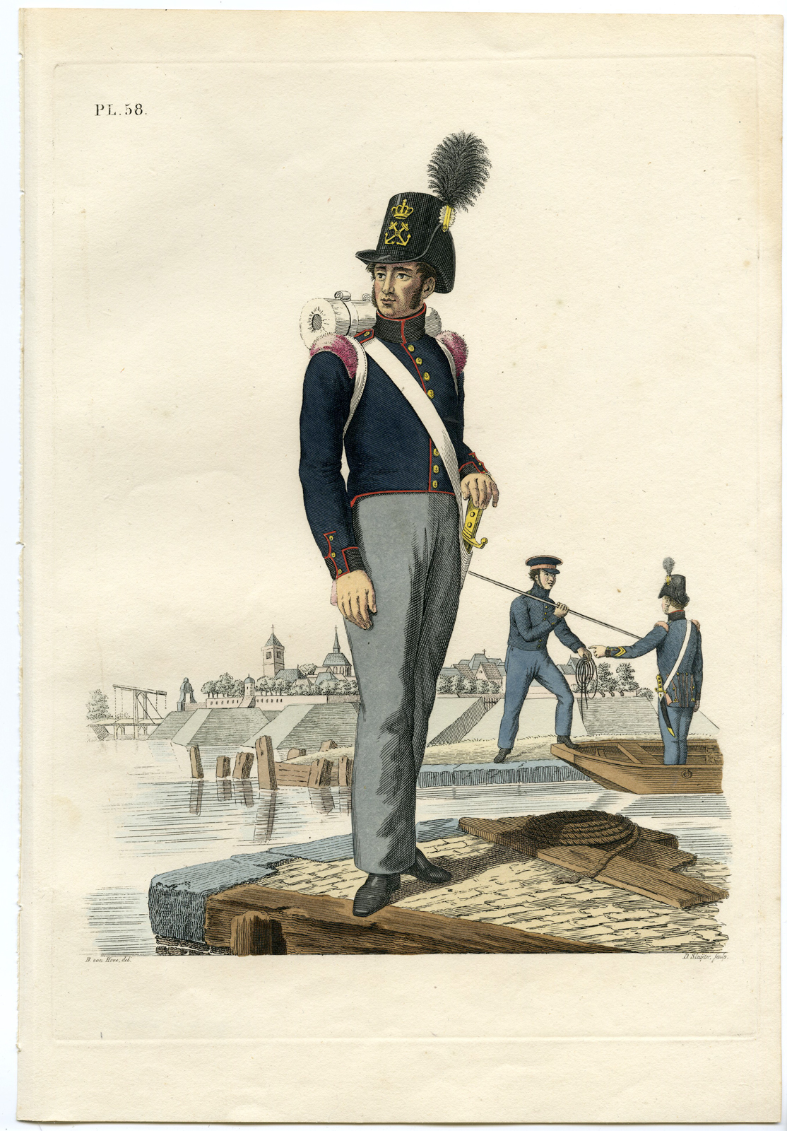 , Antique Print-MILITARY-ARMY-PL.58-PONTOON BRIDGE-Teupken-Sluyter-1823, Pictura Antique Prints