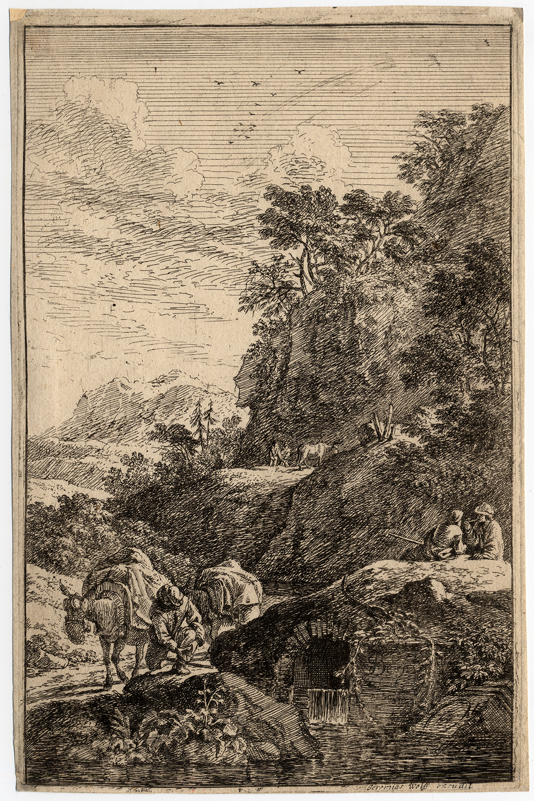 , Antique Master Print-TRAVELLER-BRIDGE-LANDSCAPE-Franz Joachim Beich-ca. 1690, Pictura Antique Prints