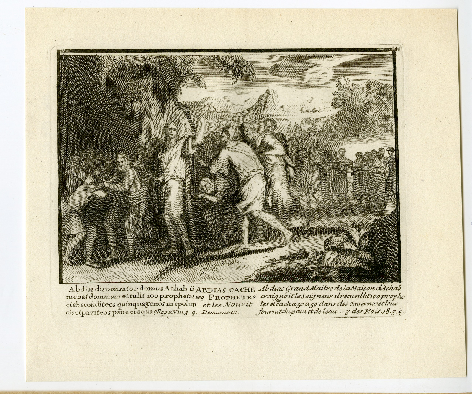 , Antique Print-RELIGIOUS-ABDIAS FEEDS THE PROPHETS-Mourentore-1743, Pictura Antique Prints