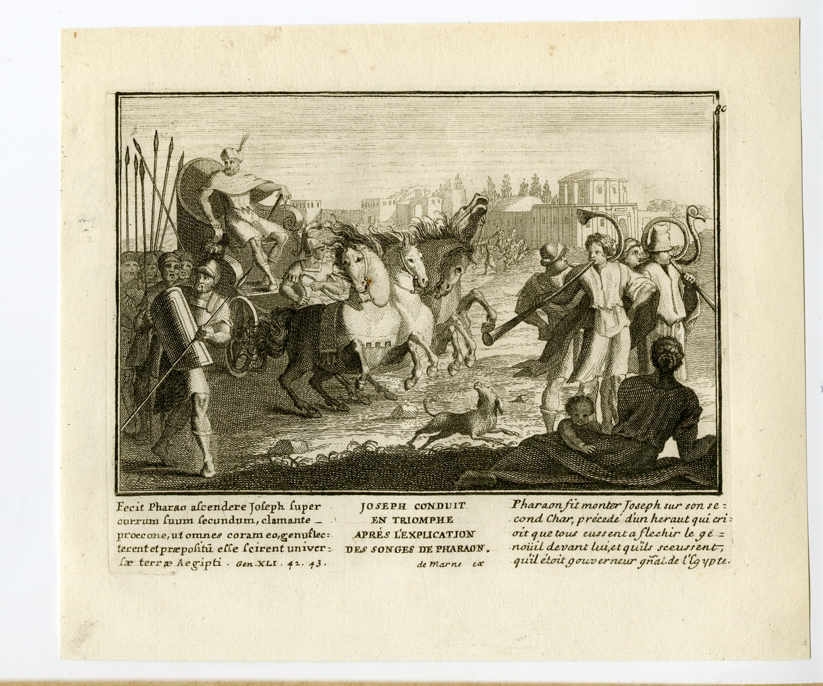 , Antique Print-RELIGIOUS-TRIUMPH OF JOSEPH-Mourentore-1743, Pictura Antique Prints