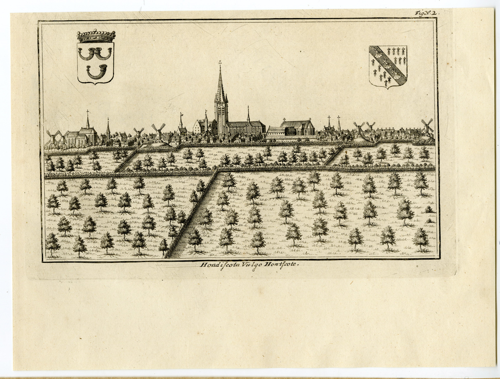 , Antique Print-VIEW HONTSCOTE-BELGIUM-Sanderus-1735, Pictura Antique Prints