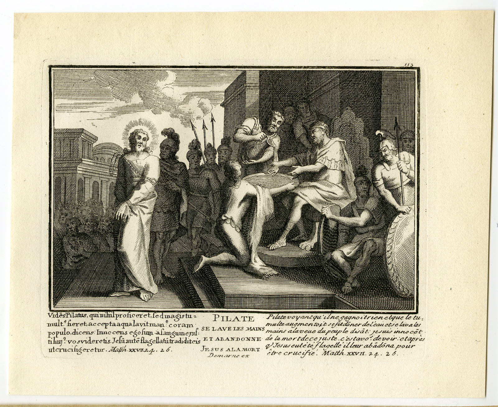 , Antique Print-RELIGIOUS-PILATE-JESUS-Mourentore-1743, Pictura Antique Prints