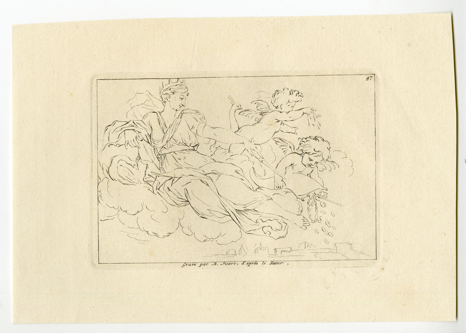 , Antique Mythology Print-JUNO SPREADS WEALTH-Picart after le Sueur-1734, Pictura Antique Prints