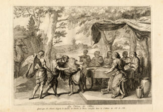 Antique Religious Print-MARRIAGE-TOBIAS-SARA-Picart after le Brun-1734